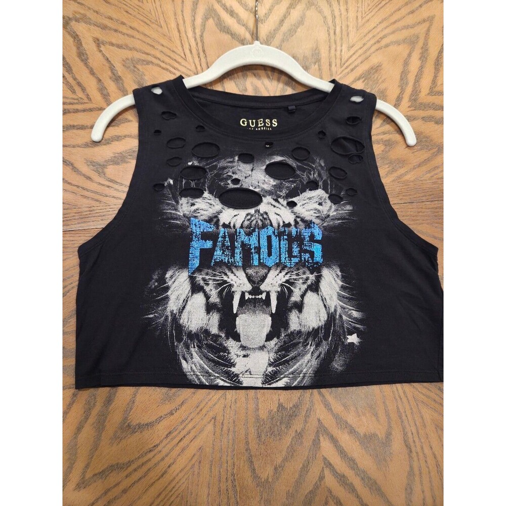 GUESS Women Ripped Cotton Graphic Famous Crop Top Size XS Tiger Streetwear